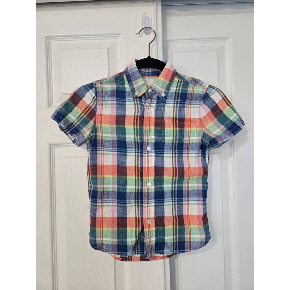 Mini Boden Boys Plaid Short Sleeve Linen Blend Button Down Shirt Multicolor 7-8Y